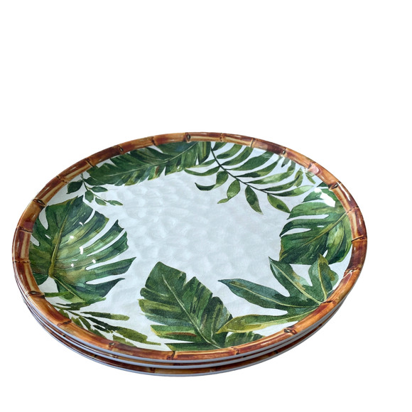 BUNGALOW Tropical Bamboo Banana Leaf Melamine 11" Dinner Plate Set of 8 NEW - Picture 7 of 10